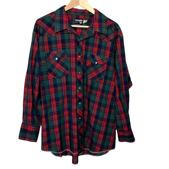 Wrangler Other - Wrangler Mens Pearl Snap Shirt Plaid Red Western Cowboy Big Man 19 x 34 VTG 2XL